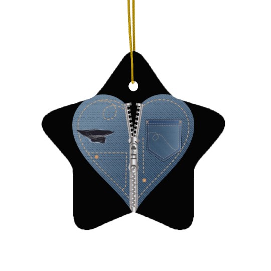 light blue heart in jeans look with zipper Ceramic Ornaments