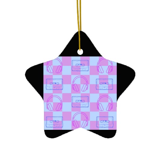 1980's Music Checkerboard - blue and purple Ceramic Ornaments