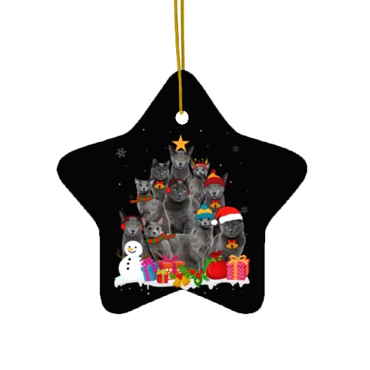 Funny Russian Blue Christmas Tree Pet Cat Lover Ceramic Ornaments