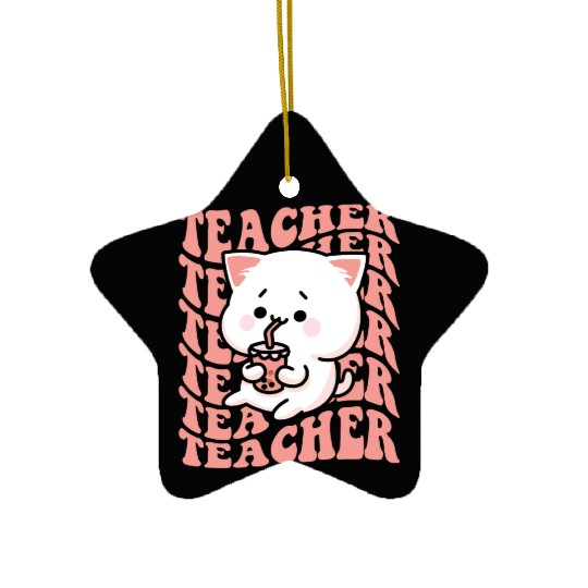 Boba Tea Teacher Cute Kawaii Cat Back To School Ceramic Ornaments