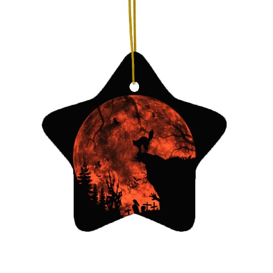 Cat Red Moon trick or treat Bats Forest Funny Hall Ceramic Ornaments