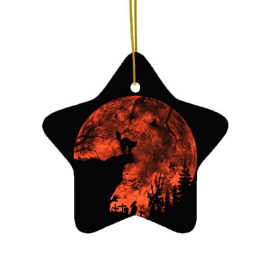 Cat Red Moon trick or treat Bats Forest Halloween Ceramic Ornaments