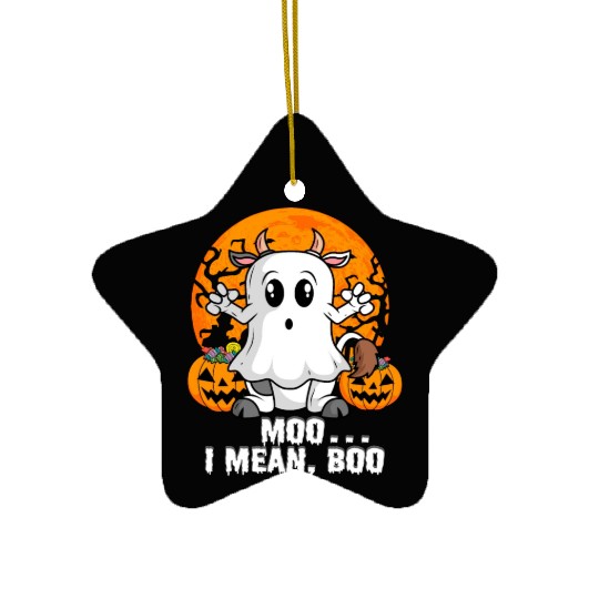 Moo I Mean Boo Cow Pumpkin Head Ghost Halloween Ceramic Ornaments
