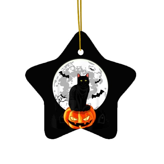 Black Cat On Pumpkin Ceramic Ornaments Full Moon Halloween
