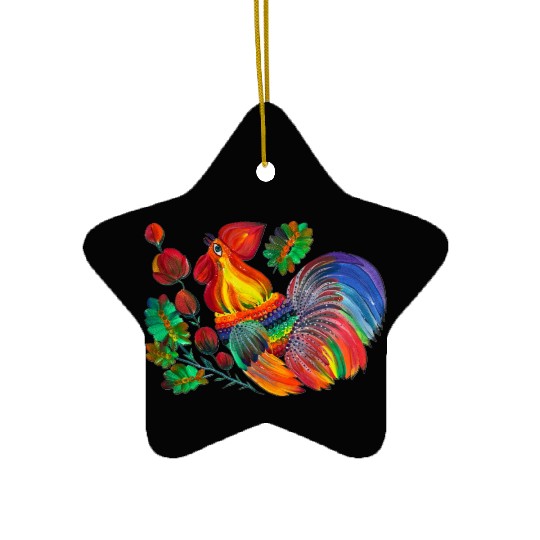 Magic cock. Petrykivka painting. Rainbow rooster Ceramic Ornaments