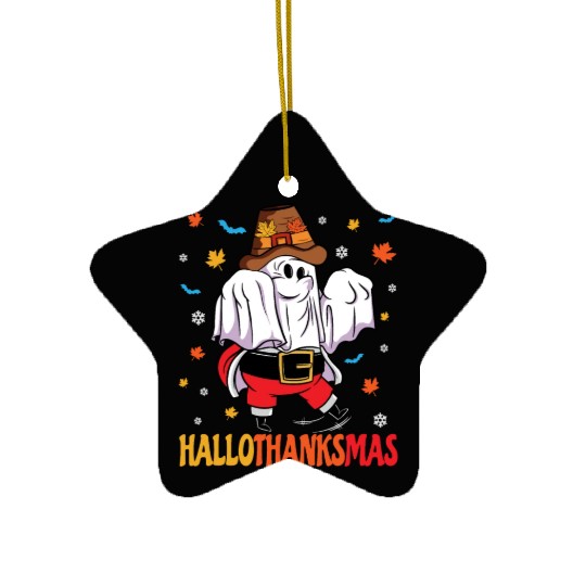 Happy Hallothanksmas Halloween Thanksgiving Santa Ceramic Ornaments