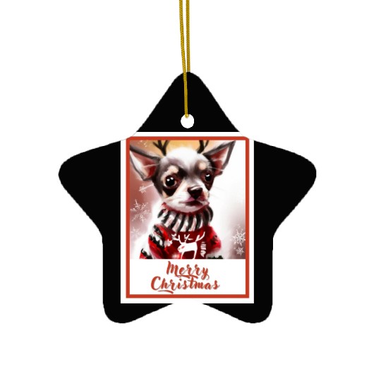 Dog (Chihuahua) in a Christmas sweater with reinde Ceramic Ornaments