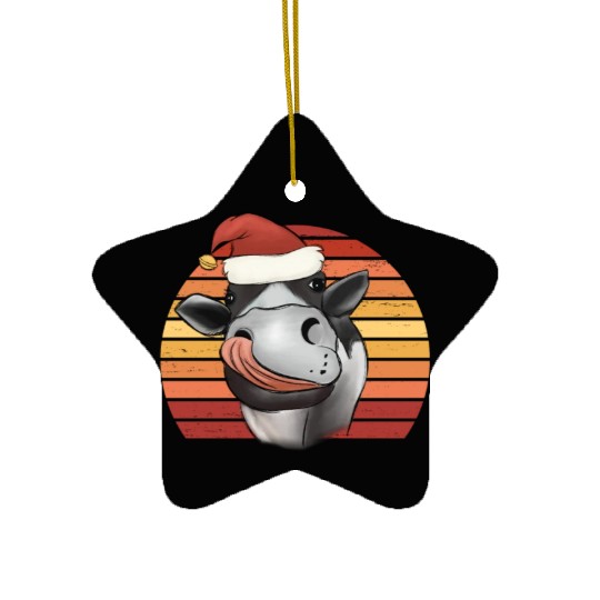 Christmas cow with Christmas hat retro farmer gift Ceramic Ornaments