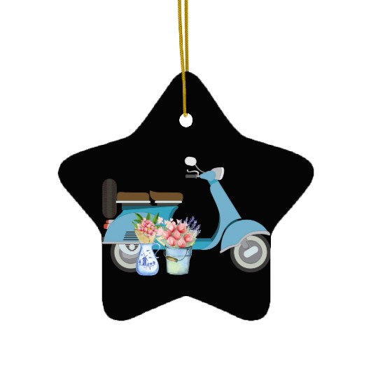 Blue Retro Scooter With Tulips Art Design Ceramic Ornaments