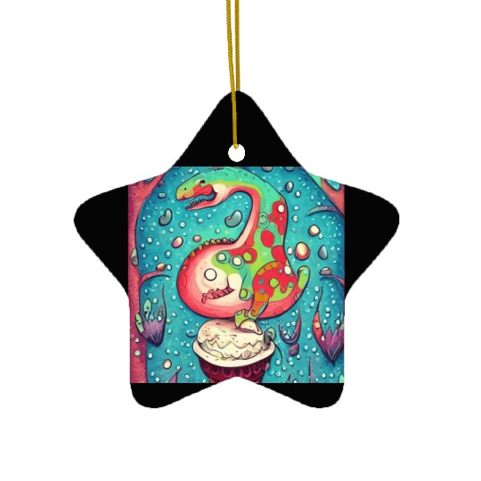 happy dinosaur love ice cream Ceramic Ornaments