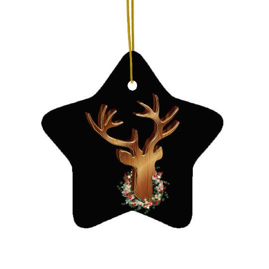Deer head in wood look with Christmas wreath Ceramic Ornaments