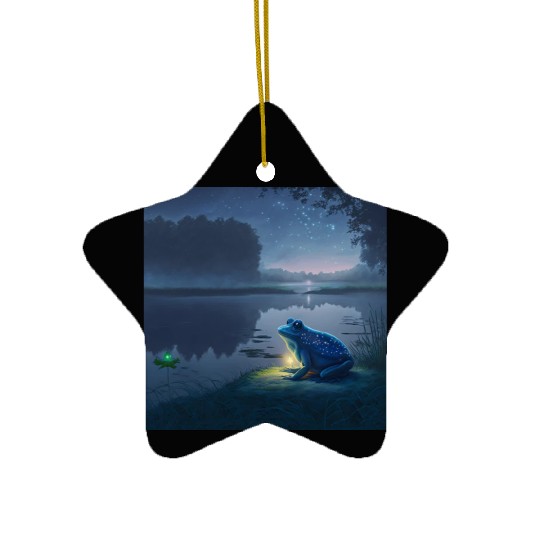 Blue Frog and Firefly on a pond at Night Ceramic Ornaments