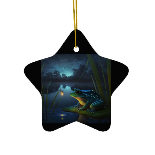 Frog and Firefly Friends on the Pond at Night Ceramic Ornaments