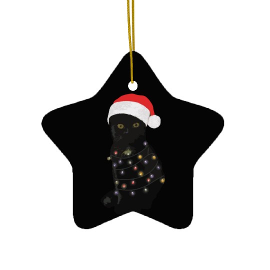 Black Cat Christmas Light Funny Cat Lover Ceramic Ornaments