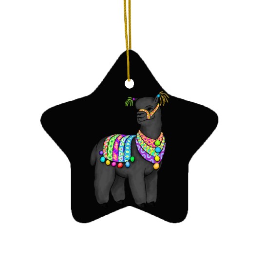 Black Alpaca in Peruvian folk colors and tassels Ceramic Ornaments