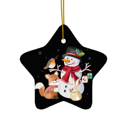 Snowman with fox, rabbit and robin Ceramic Ornaments
