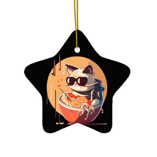 cat eating Chinese food,cute design for Meow lover Ceramic Ornaments