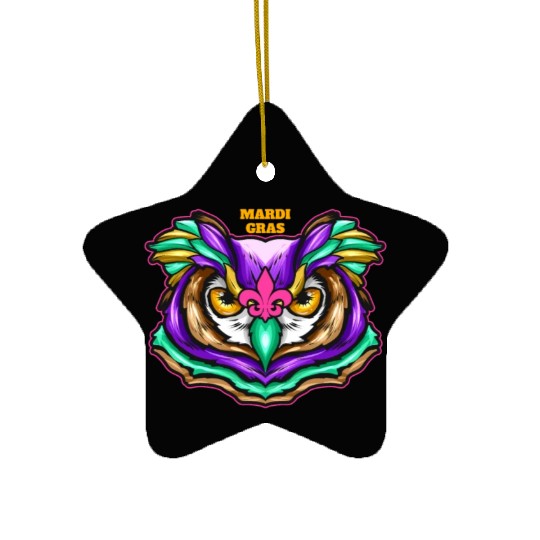 Purple Green Owl With Pink Fleur De Lis For Mardi Ceramic Ornaments