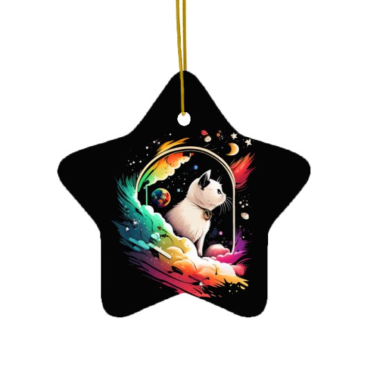 Space Cat on Galaxy Cat Lover Ceramic Ornaments