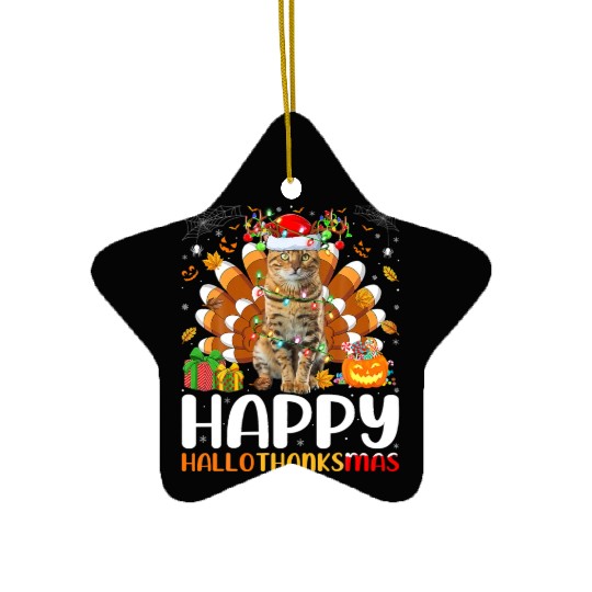 Cat Lover Halloween Christmas Happy Hallothanksmas Ceramic Ornaments
