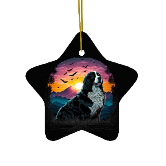 Bernese Mountain Dog with Mountain Sunrise view Ceramic Ornaments