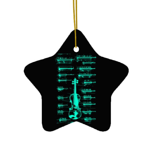 Teal Neon Da Vinci violin blueprint Ceramic Ornaments
