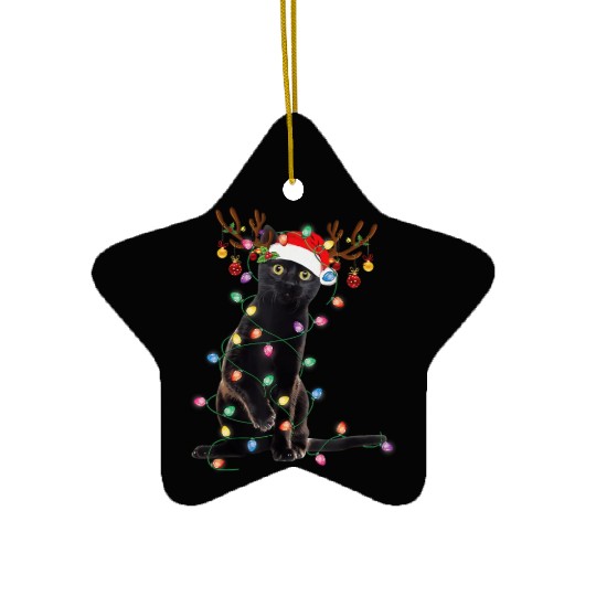 Reindeer Black Cat Christmas Lights Funny Cat Lov Ceramic Ornaments