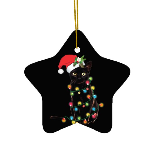 Black Santa Cat Tangled Up In Lights Christmas Ceramic Ornaments