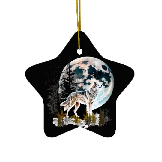 Wolf Moonlight Forest Wild Werewolf Watercolor 2 Ceramic Ornaments
