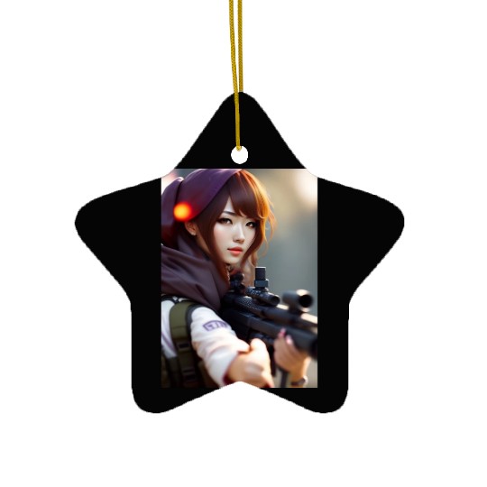 A beautiful girl with a gun Ceramic Ornaments