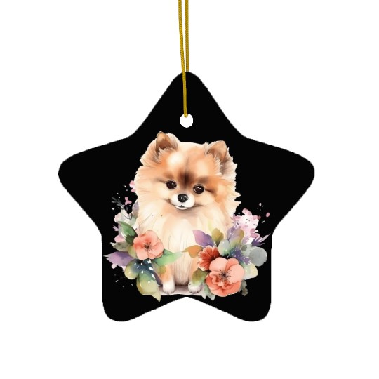 Pomeranian Dog Watercolor Floral Ceramic Ornaments