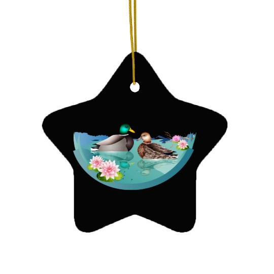 Duck couple in a duck pond with water lilies Ceramic Ornaments
