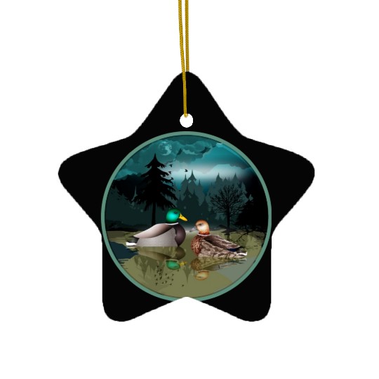 Duck couple in the duck pond at night & moonlight Ceramic Ornaments