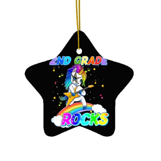 2nd Grade Rocks Unicorn Rainbow Back Ceramic Ornaments