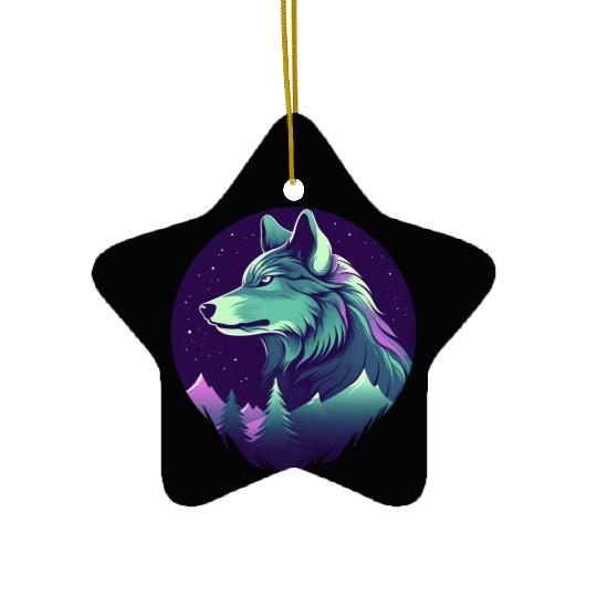 Starry Night Wolf With Northern Light Colors Ceramic Ornaments