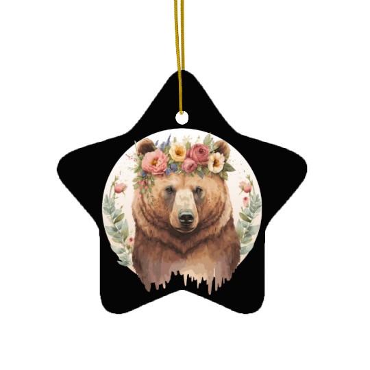 Cute Brown Bear Grizzly Flower Crown Animal Lovers Ceramic Ornaments