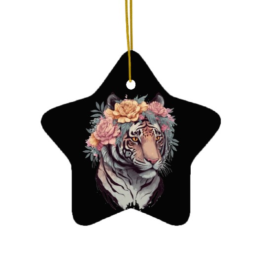 Floral Watercolor Tiger Flower Crown Tiger Lover Ceramic Ornaments