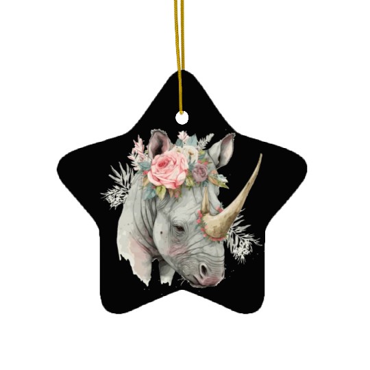 African Watercolor Rhinozeros Flower Crown Safari Ceramic Ornaments