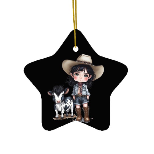 Cowgirl with Cow Ceramic Ornaments