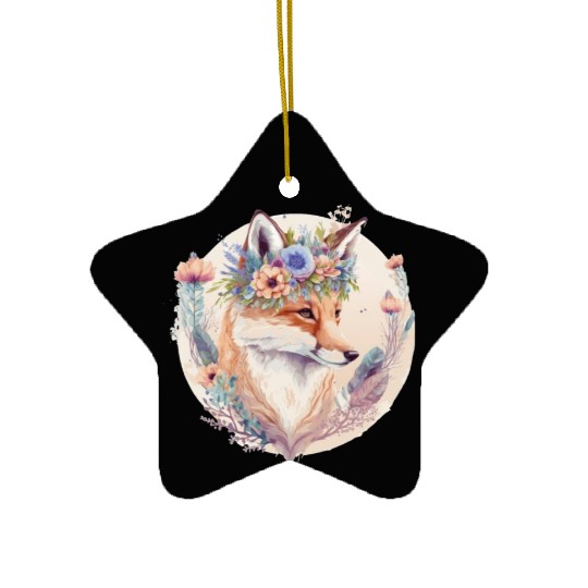 Cute Watercolor Fox Flower Crown Boho Aesthetic Ceramic Ornaments