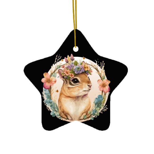 Cute Watercolor Chipmunk Flower Crown Floral Roden Ceramic Ornaments