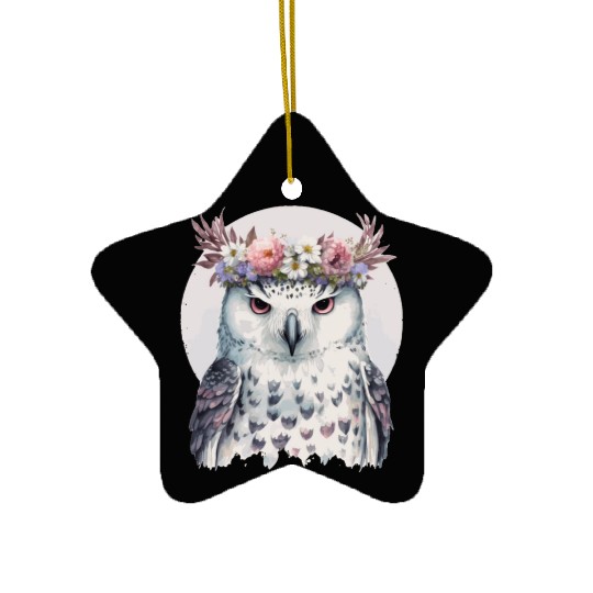 White Snow Owl Bird Flower Crown Floral Birds Ceramic Ornaments