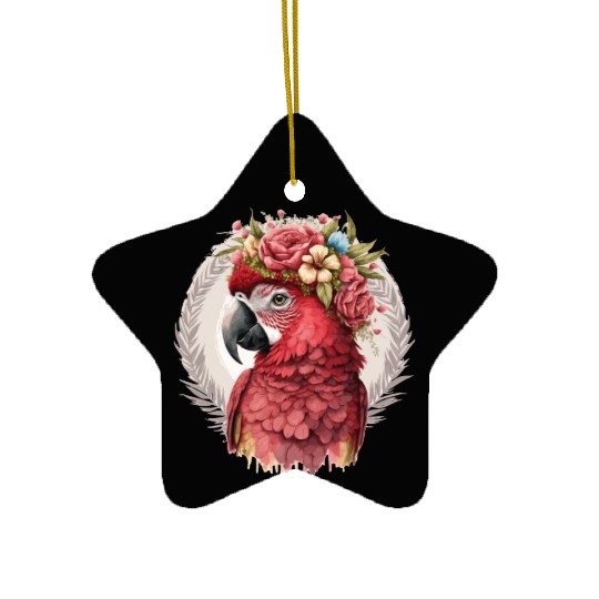 Scarlet Macaw Parrot Watercolor Bird Flower Crown Ceramic Ornaments