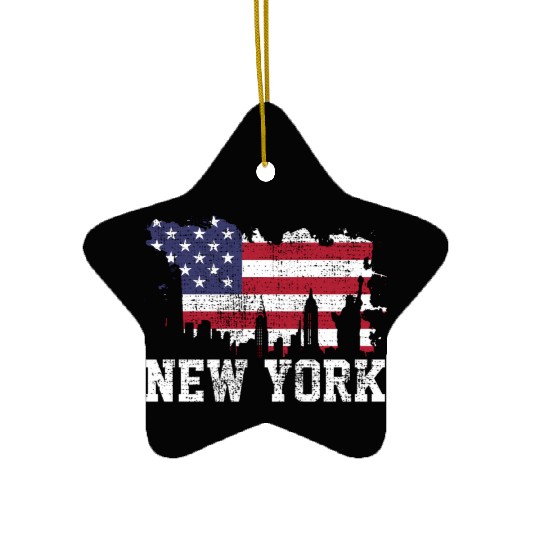 New York City Nyc Skyline Usa Flag America Ceramic Ornaments
