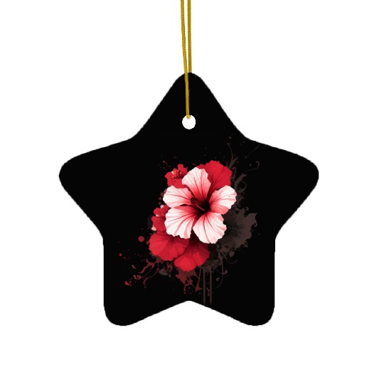 A red hibiscus flower ink drawing Ceramic Ornaments