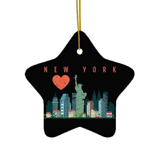 New York City Nyc Skyline Heart Distressed Style Ceramic Ornaments