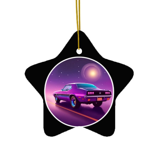 Nostalgic Retro 80s Purple Vaporwave Muscle Car Ceramic Ornaments