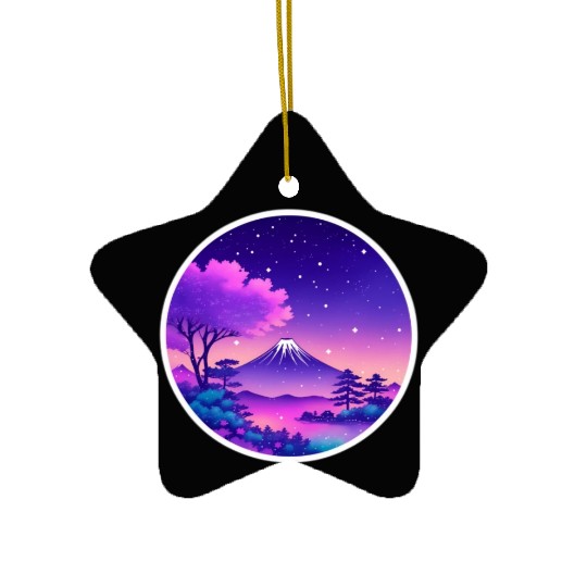 Japan Mount Fuji Night Sky Lo-Fi Art Retro Purple Ceramic Ornaments