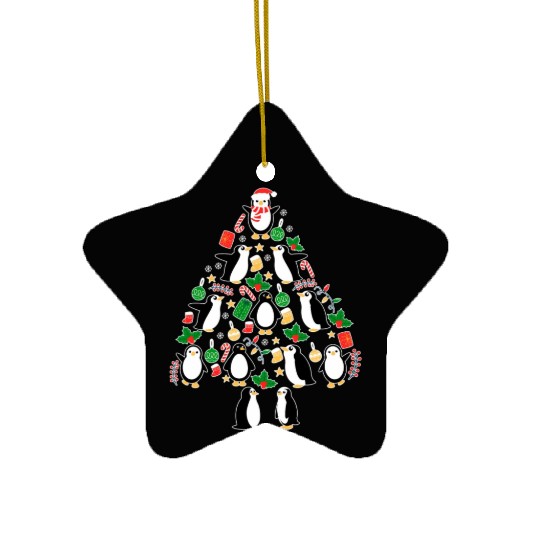 Penguins Tree Santa Fun Celebration Ceramic Ornaments