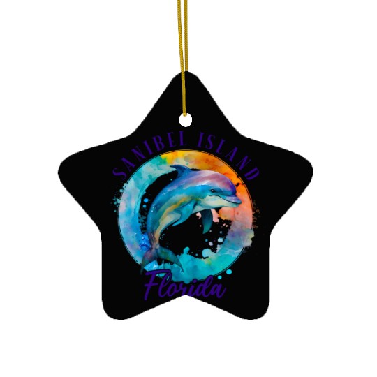 Sanbiel Island Florida Happy Watercolor Dolphin Ceramic Ornaments